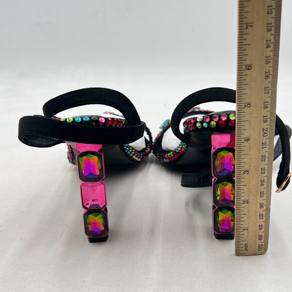 FSJ Black Colorful Rhinestones Diamond Heel Square Open Toe Ankle Strap Sandals - Picture 5 of 8